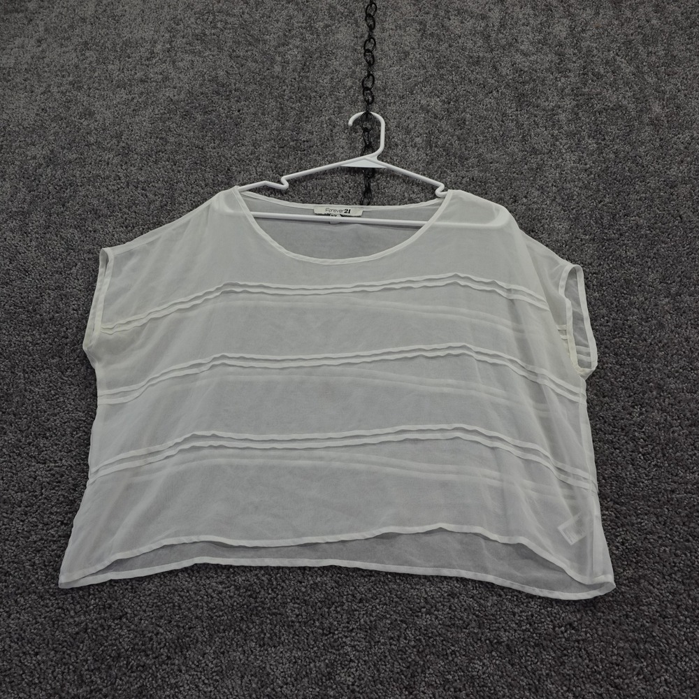 Forever 21 Blouse Womens Medium White Sheer Striped Short Sleeve Scoop Neck